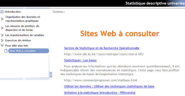 Page avec des liens vers des sites Web